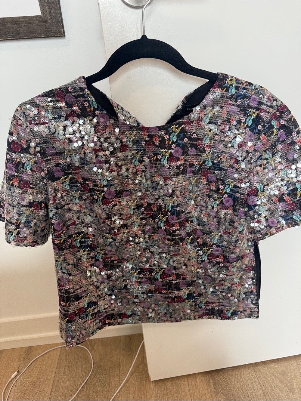 Club Monaco Sequin Floral Top - Black Multicolor